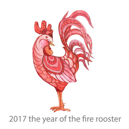 raster watercolor illustration rooster and chicken,the symbol of the new year 2017, bright colorful watercolor rooster, isolated objectの写真素材