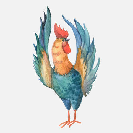 watercolor illustration rooster and chicken,the symbol of the new year 2017, bright colorful watercolor rooster, isolated objectの写真素材