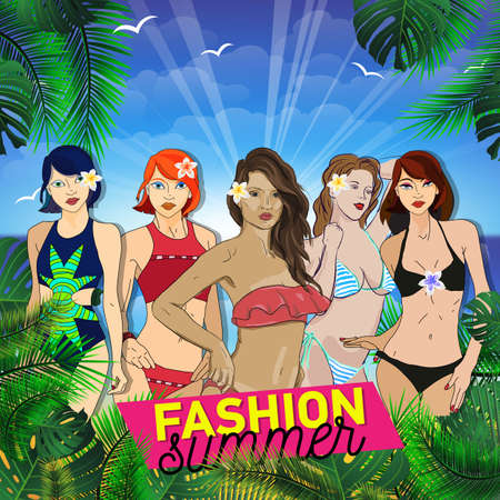 Beach fashion. Fashion summer web banner design template. girls in a swimsuit.のイラスト素材