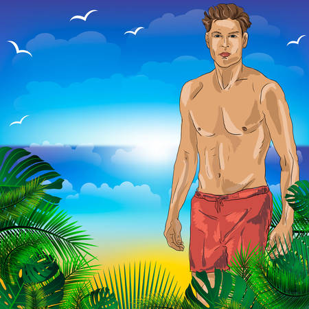 Boy and girl on the beach together. Vector illustration of a holiday in hot countriesのイラスト素材