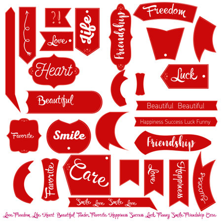 Tag with inscriptions of Love Freedom Life Heart Beautiful Tender Favorite Happiness Success Luck Funny Smile Friendship Care - for Valentine's Day, wedding and birthday presents decorationのイラスト素材
