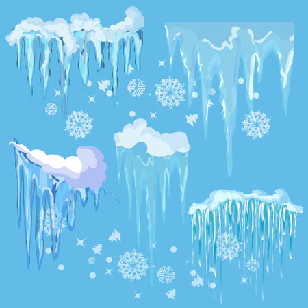 Vector icicle and snow elements clipart. Different snow cap vectorのイラスト素材