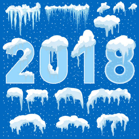 Text 2018. Snow ice icicle set Winter design. White blue snow template. Snowy frame decoration isolated on blue background. Cartoon style. Christmas, New Year frozen ice textureのイラスト素材