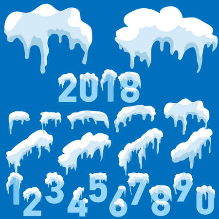 Set of Isolated snow cap. Snowy elements on winter background. Vector template in cartoon style for your design. Snowfall and snowflakes in motionのイラスト素材