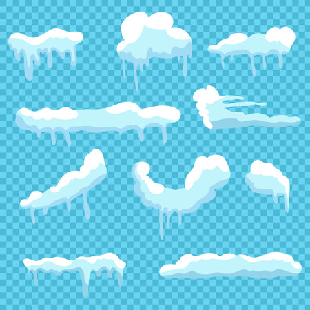 Set of Isolated snow cap. Snowy elements on winter background. Vector template in naturalistic style for your design. Snowfall Flat designのイラスト素材