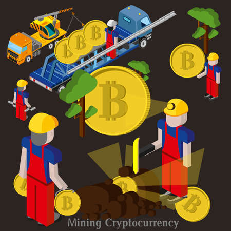 Bitcoin mining concept with pickaxe, young people character, coin and mountain graph. Vector cartoon flat illustration.のイラスト素材