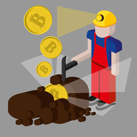 Bitcoin mining concept with pickaxe, young people character, coin and mountain graph. Vector cartoon flat illustration.のイラスト素材