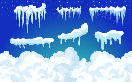 Set of Isolated snow cap. Snowy elements on winter background. Vector template in cartoon style for your design. Snowfall and snowflakes in motionのイラスト素材