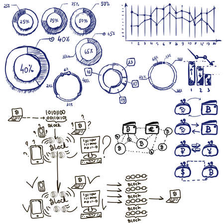 Financial diagram. Graphic of growing course of Bitcoin. Business doodle sketch set. It include graphs, bitcoin, devices, concept, diagrams, business plan, strategy. Vector hand drawn illustrationのイラスト素材