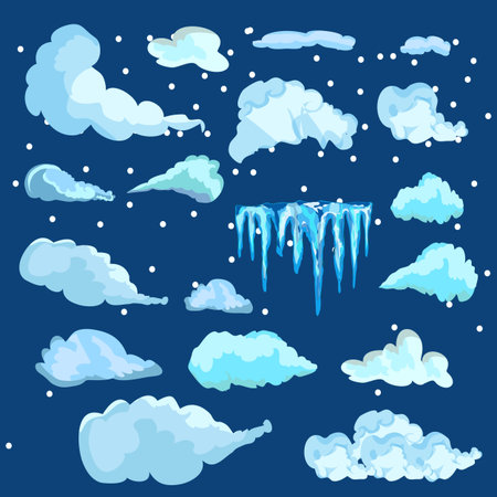 Set of Isolated snow cap. Snowy elements on winter background. Vector template in naturalistic style for your design. Snowfall Flat designのイラスト素材