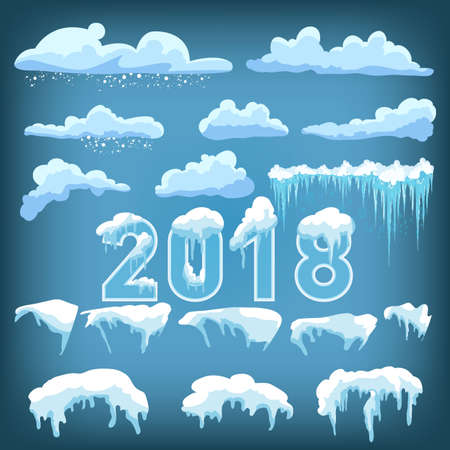 Text 2018. Snow ice icicle set Winter design. White blue snow template. Snowy frame decoration isolated on blue background. Cartoon style. Christmas, New Year frozen ice textureのイラスト素材