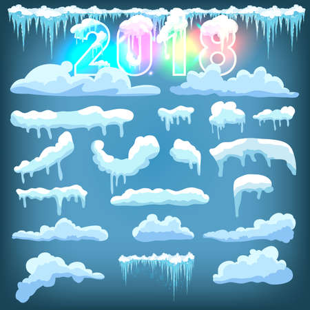 Text 2018. Snow ice icicle set Winter design. White blue snow template. Snowy frame decoration isolated on blue background. Cartoon style. Christmas, New Year frozen ice textureのイラスト素材