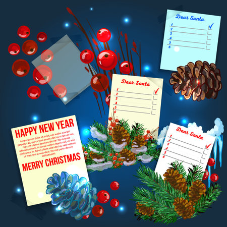 Christmas paper realistic vector illustration. Cartoon Christmas wishlist with Christmas trees. A letter to Santa Claus template. Christmas background with a place for textのイラスト素材