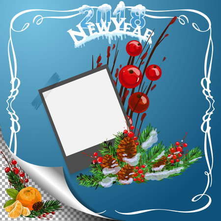 Christmas coniferous design with sweets and photo paper, Vector holiday card.のイラスト素材