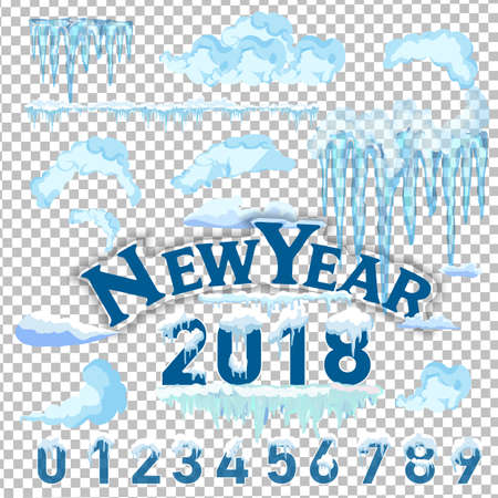 Set of snow icicles isolated on transparent background; icy Christmas; snow and icicles, snow caps on a transparent backgroundのイラスト素材