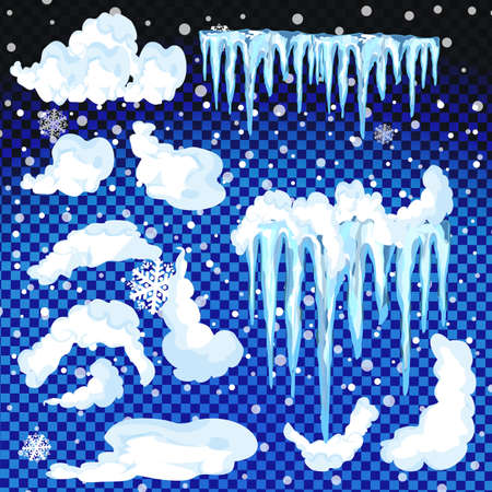 Set of snow icicles isolated on transparent background. Vector illustration. icy Christmas background. snow and icicles, snow caps on a transparent backgroundのイラスト素材