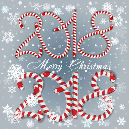 New Year 2018 in shape of candy stick isolated on white. Year number as striped holiday candies. Vector design element for christmas, new years day, sweet-stuff, winter holiday, new years eveのイラスト素材
