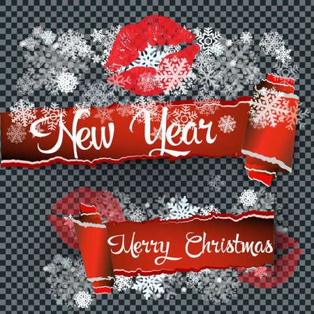 Merry Christmas banner in the realistic torn paper design.  Christmas greeting background with snowflakes and snow Vector illustrationのイラスト素材