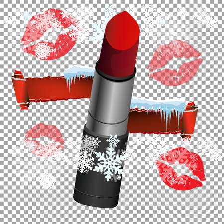 Red lipstic in metallic packaging Vector illustration with icy Christmas background.のイラスト素材