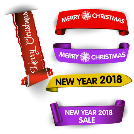 Set of Merry Christmas, realistic, paper banners. Colorful curl paper ribbon with roll, realistic vector illustration. Merry Christmas and Happy New Year design templateのイラスト素材