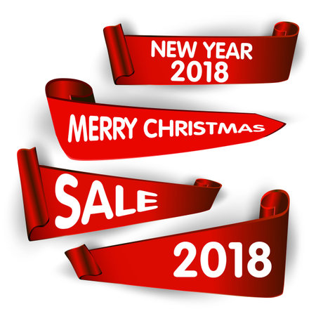 Set of Merry Christmas, realistic, paper banners. Colorful curl paper ribbon with roll, realistic vector illustration. Merry Christmas and Happy New Year design template.のイラスト素材