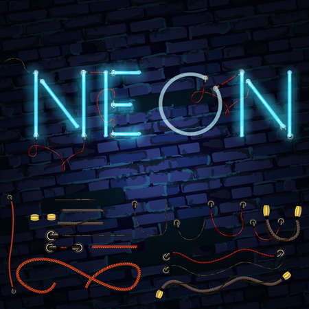 Realistic neon Font on a background of brick wall. Neon glowing font. Vector formatのイラスト素材
