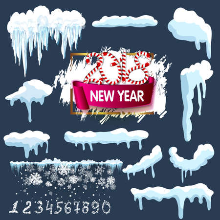 Set of Isolated snow cap. Snowy elements on winter background. Vector template in naturalistic style for your design. Snowfall and snowflakes in motionのイラスト素材
