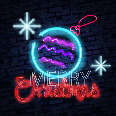 Christmas snowflake and ball neon sign. Neon sign, bright signboard, light banner. Vector illustrationのイラスト素材