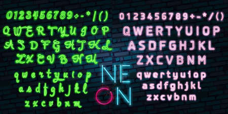 Realistic Detailed 3d Neon Lights Signs Set on a Blue Background Alphabet Font Design Element. Vector illustration of Light Signのイラスト素材