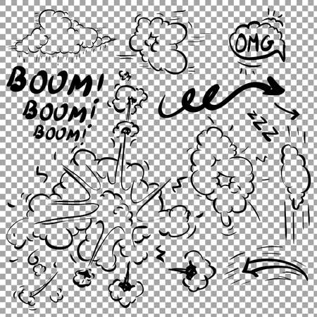 Cartoon vector bomb explosion with smoke. Cartoon style. Effect boom, explode flash, bomb comic. Blast with fire and cloud. Illustration of burst isolated on white background. Comic book explosion elements for your designのイラスト素材