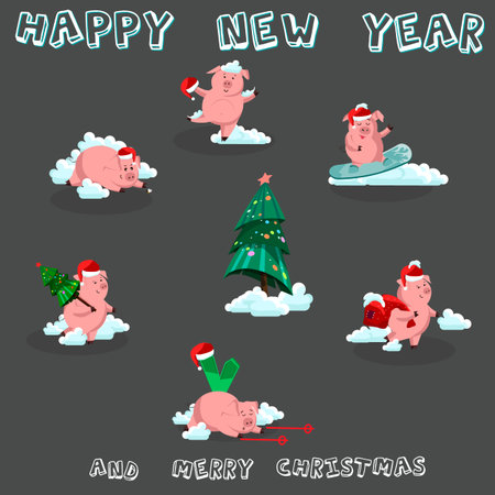 Cute funny pig. Happy New Year. Chinese symbol of the 2019 year. Excellent festive gift card.のイラスト素材