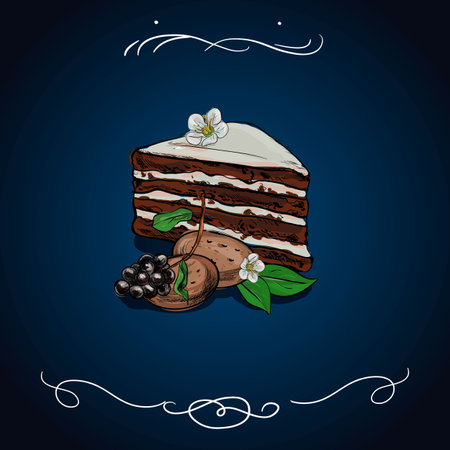 Piece of cake hand drawing. pie isolated. Dessert on blue background. Sweet cakes. Cream and...