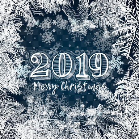 2019 Frame with snowflakes and frosty patterns. Vector Patterns Made by the Frost. Blue Winter...