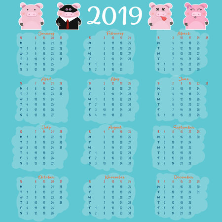 Monthly creative calendar 2019 with cute pig. Concept, vector vertical editable template. Symbol of the year in the Chinese calendar. Cartoon. Isolated.のイラスト素材