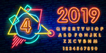 Number Four symbol neon sign vector. Number Four template neon icon, light banner, neon signboard, nightly bright advertising, light inscription.のイラスト素材
