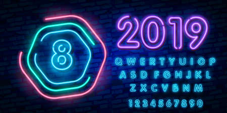 Number eight symbol neon sign vector. Eighth, Number eight template neon icon, light banner, neon signboard, nightly bright advertising, light inscription.のイラスト素材