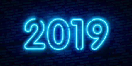 2019 New Year Concept with Colorful Neon Lights. Retro Design Elements for Presentations, Flyers, Leaflets, Posters or Postcards.のイラスト素材