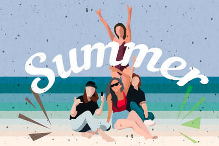 Young people dancing on the beach in swimming suits and shorts, cartoon style vector illustrations...