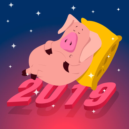 Cute funny pig. Happy New Year. Chinese symbol of the 2019 year. Excellent festive gift card.