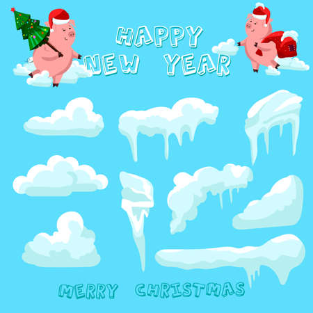 Snow caps, snowballs and snowdrifts set. Snow cap vector collection. Winter decoration element. Snowy elements on blue background.のイラスト素材
