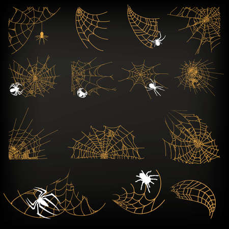 Halloween monochrome spider web and spiders isolated on black background. Hector venom cobweb set.のイラスト素材