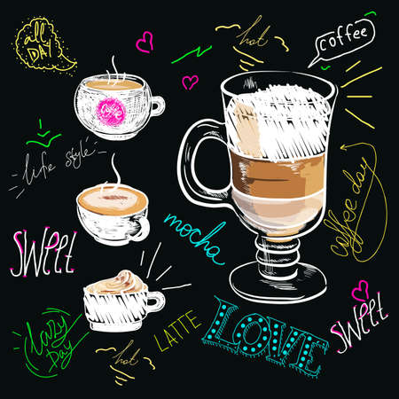 Poster coffee mocha in vintage style drawing with chalk on the blackboardのイラスト素材