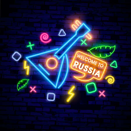 Travel to Russia. Welcome to Russia. design template, neon style logo, bright night signboard, light banner. Vectorのイラスト素材