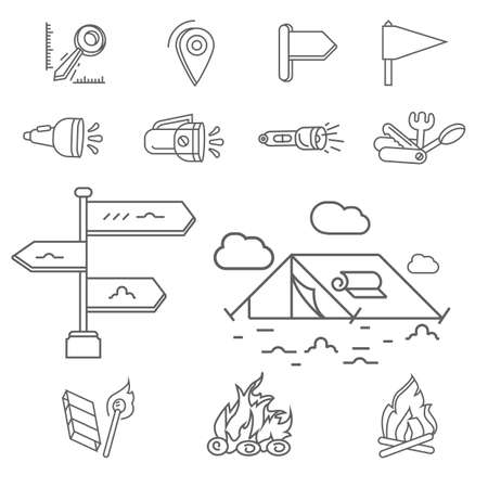 Camping elements outline icons set. linear style symbols collection, line signs pack. vector graphics.のイラスト素材