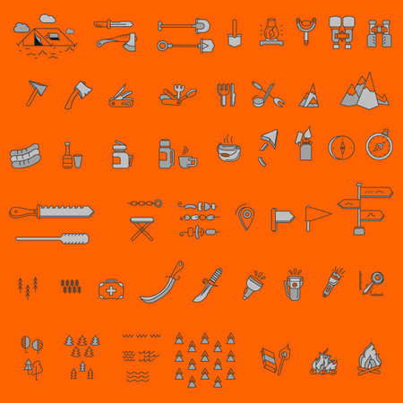 Camping elements outline icons set. linear style symbols collection, line signs pack. vector graphics.のイラスト素材
