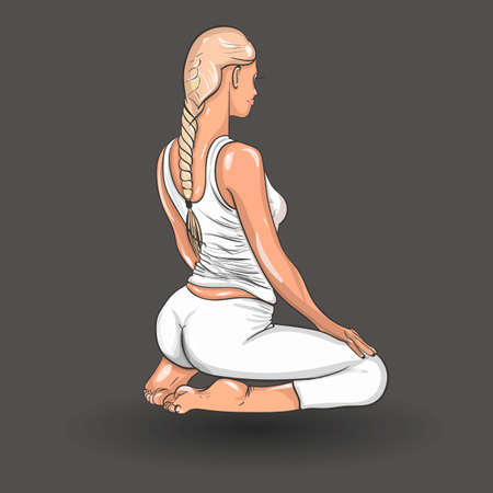 Hand drawn Girl in yoga position. Vector illustration of beautiful cartoon woman in various poses of yoga.のイラスト素材