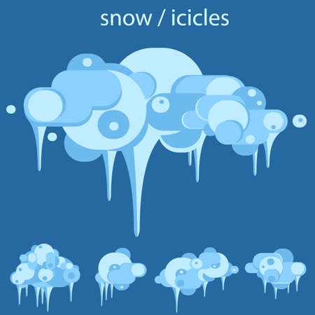 Snow ice icicle set Winter design. White blue snow template. Snowy frame decoration isolated on blue background. Cartoon style. Christmas, New Year frozen ice texture Vector illustrationのイラスト素材