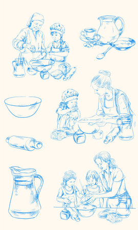 Two women cooking in the kitchen black and white vector sketch, simple drawingのイラスト素材