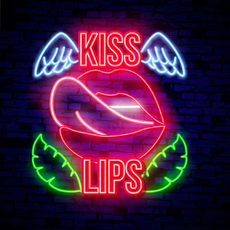 Vector realistic isolated neon retro signs of lips and kiss on the wall background for decoration and covering. Concept of cosmetics and beauty.のイラスト素材
