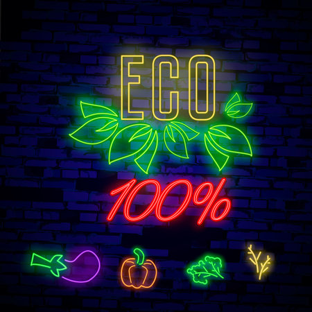 BIO product in neon style. Neon symbol, bright luminous sign, neon night advertising on the theme of Vegetarian food, healthy organical food, vegetables, fruits, vegetarian cafes. Vector illustrationのイラスト素材